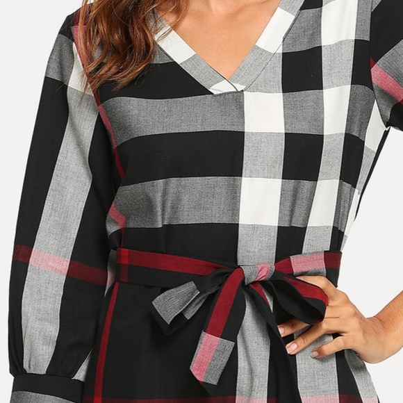 Plaid Belted Shirt Dress Black White Gray & Red - Picture 5 of 8